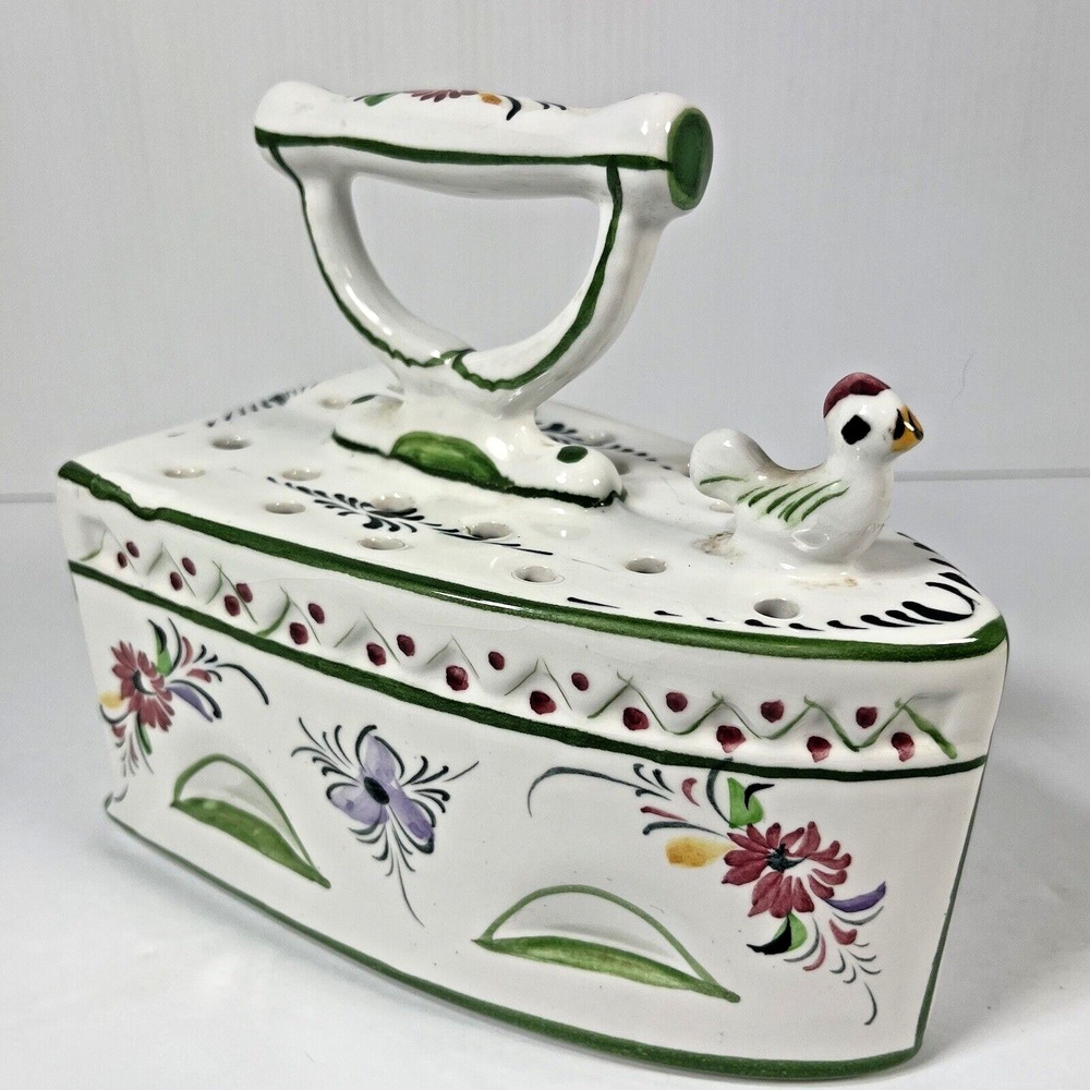 Floral White Iron Porcelain Hand Painted Portugal Flower Vase Potpourri Chicken